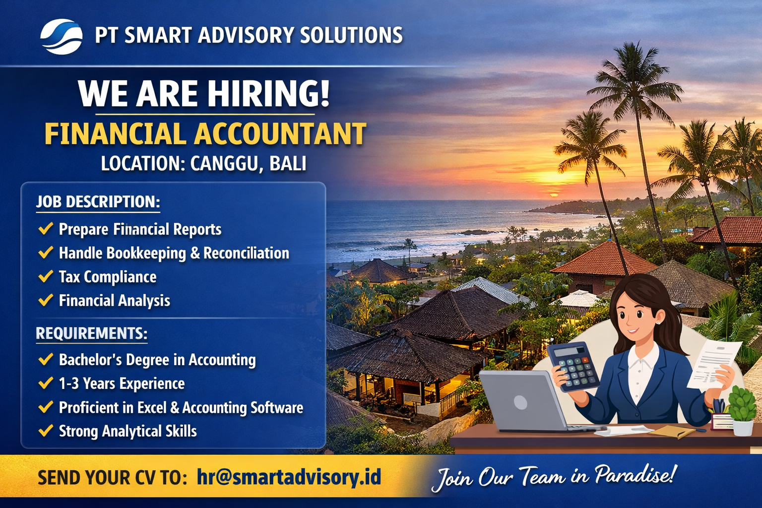 Lowongan Kerja PT Smart Advisory Solutions: Posisi Akuntan Keuangan di Canggu, Bali