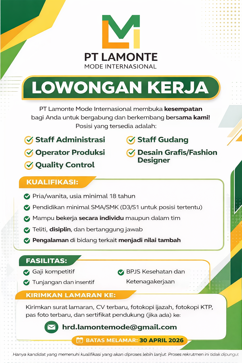 Lowongan Kerja PT. Lamonte Mode Internasional