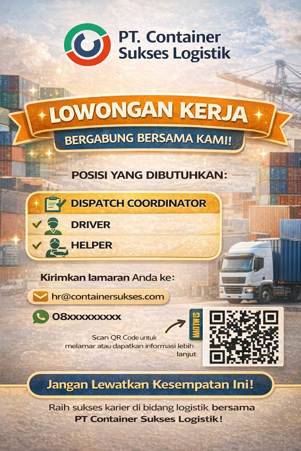Lowongan Kerja PT Container Sukses Logistik Dibuka, Ini Kesempatan Kariernya